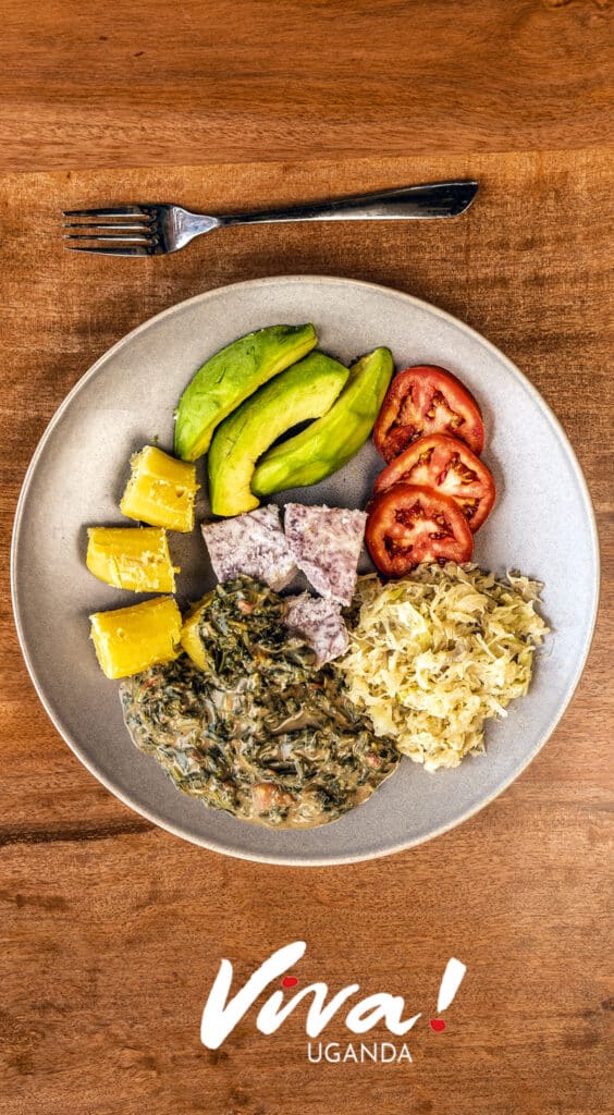 Day 2b Lunch yams, matoke, dod greens with gnut, cabbage, avo tomatoes1 RECIPE